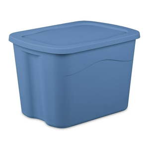 lot 30237 image: Pack of 8 ,Sterilite Storage Bin  18 Gallon Plastic Storage Container with Snap-on Lid  Light Blue - Retail $50