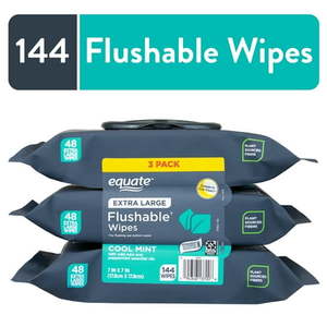 lot 30253 image: Equate Extra Large Flushable Wet Wipes Cool Mint Scent 144 Wipes (3 Pack)  Compare to Dude Wipes