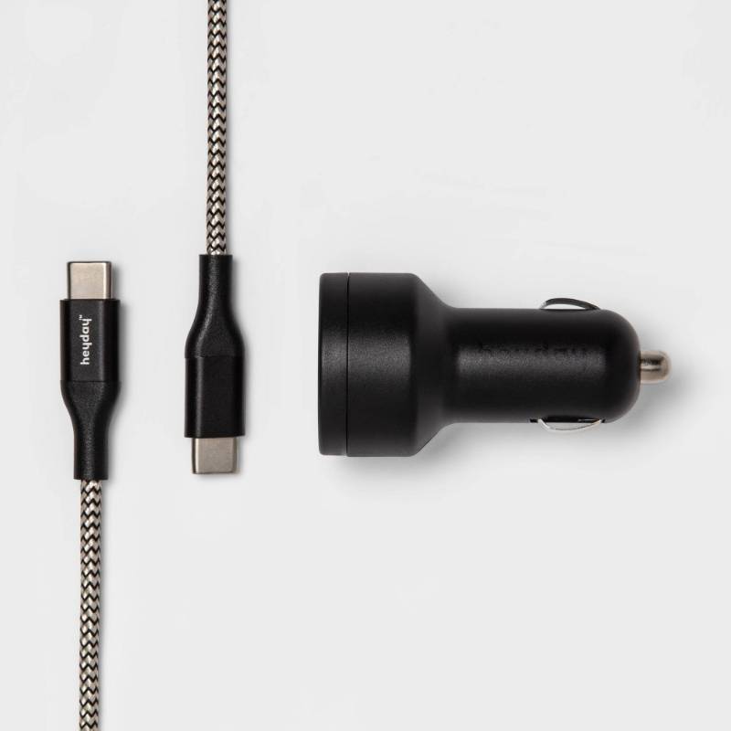 lot 15482 image: USB Car Charger with 6 USB-C to USB-C Braided Cable - heyday Matte Black 15.5W Output