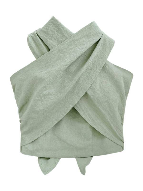 lot 7343 image: Womens Criss Cross Wrap Halter Tops Ruched Tie Backless Slim Fit Shirred Crop Top Green -Size Medium