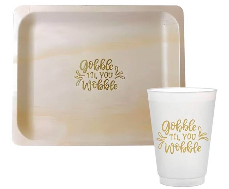 lot 10516 image: Perfect Stix Party Set includes 16oz Frost Flex Cups and 10 Wooden Plates with Gobble Till You Wobble Print - Pack of 50ct- (25ct each item))