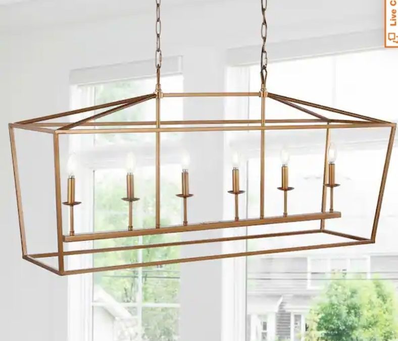 lot 16946 image: Jonathan Y Pagoda 49 in. 6-Bulb Antique Gold Farmhouse Lantern Metal LED Pendant - Retail $167