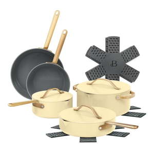 lot 13697 image: Beautiful 12-Piece Ceramic Nonstick Cookware Set  Pots and Pans with Strainer Lids Buttercream by Drew Barrymore