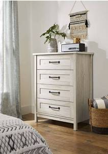lot 13717 image: Better Homes & Gardens Modern Farmhouse 4-Drawer Dresser, Rustic White Finish 18.35 L x 32.21 W x 41.77 H (SEE DETAILS)