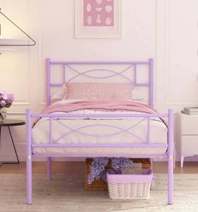 lot 15123 image: Kids Single Size Metal Platform Bed Frame with Bowknot Headboard - Light Purple - Retail $62