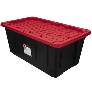 lot 30285 image: Pack of 2 ,Hyper Tough Extra Large Storage Bin  40 Gallon Plastic Storage Container with Snap-On Lid  Black and Red - Retail $54