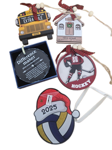 lot 32007 image: 2025 Christmas Ornament Set with Sports, Hockey, Volleyball, School Bus, New Home