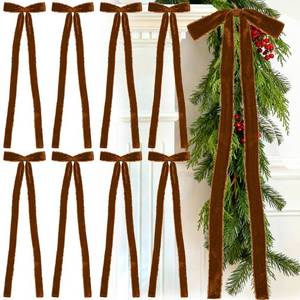 lot 32011 image: 2 Count of Glitinsel 8 Pcs Bronze Velvet Christmas Bows 9.1x31.5 Pre Tied Frayed Fringe Velvet Ribbon Bows
