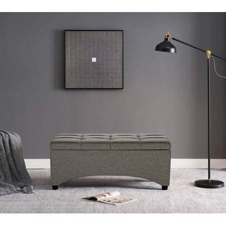 lot 2297 image: Better Homes & Gardens Pintucked Storage Bench Gray (Cosmetic Damage)- Retail $94