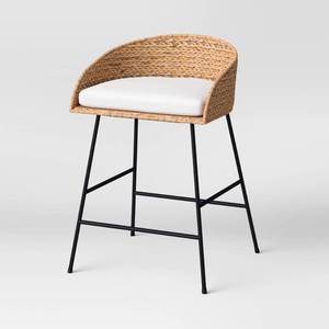 lot 13752 image: 24 Landis Wicker Backed Counter Height Barstool with Cushion and Footrest WhiteBlack- Threshold-Retails $140