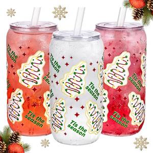 lot 13746 image: Ciaell 16 Pack Christmas Tree Plastic Cups - 16oz Can Shaped Drinking Glasses with 32PCS Lids and 16PCS Straws