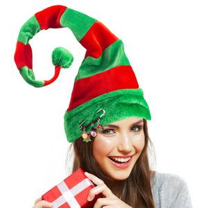 lot 32126 image: Christmas Elf Hat, Long Striped Felt Hat with Cute Brooch Pin for Kids Adults