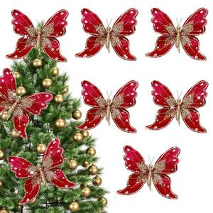 lot 32163 image: 8PCS Glitter Xmas Butterfly Ornaments - Christmas Tree Butterfly Hanging Decorations with Clips (Red)