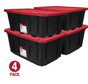 lot 13737 image: (Pack of 4) Hyper Tough 27 Gallon Large Storage Bin with Snap Lid, Black and Red, Heavy Duty Plastic Storage Container