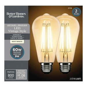lot 30356 image: Pack of 2 ,Better Homes & Gardens ST19 Vintage LED Light Bulb  60W Eqv  E26  Dim Soft White Clear Finish - 2 Pk