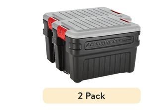 lot 30359 image: (2 pack) Rubbermaid 24 Gallon ActionPacker Storage Bin, Heavy Duty, Lockable, Black, Included Lid - Retail $79