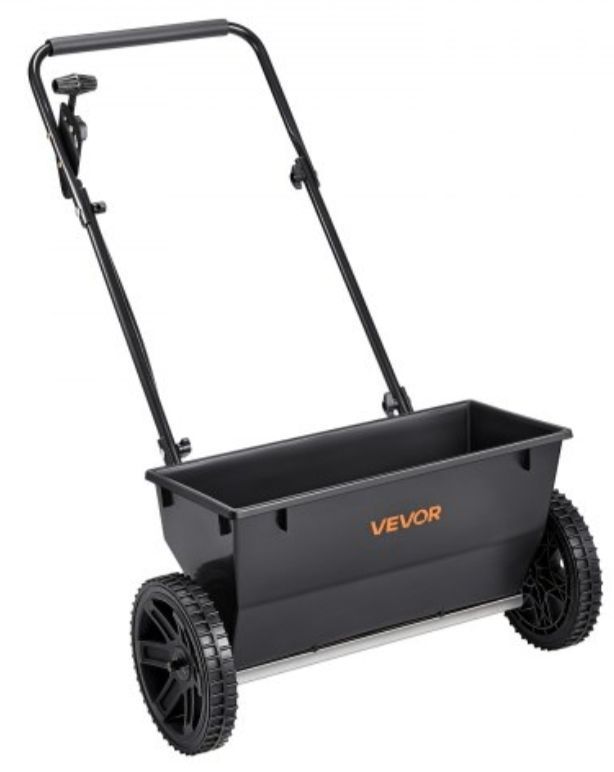 lot 13124 image: VEVOR Walk-Behind Push Spreader, 50LBS Capacity, Drop Spreader with Hopper Grate, 18 in Spreading Width & 30 Settings, 10 in All Terrain Tires, Garden & Lawn Spreaders for Seed, Fertilizer, Salt