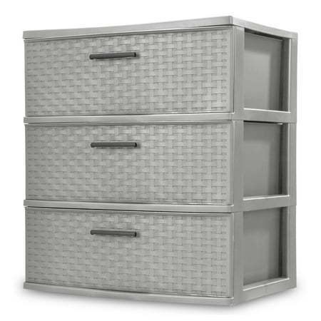 lot 6478 image: Sterilite Storage Drawer 3 Drawer Plastic Weave Wide Tower with Pull Handles Gray