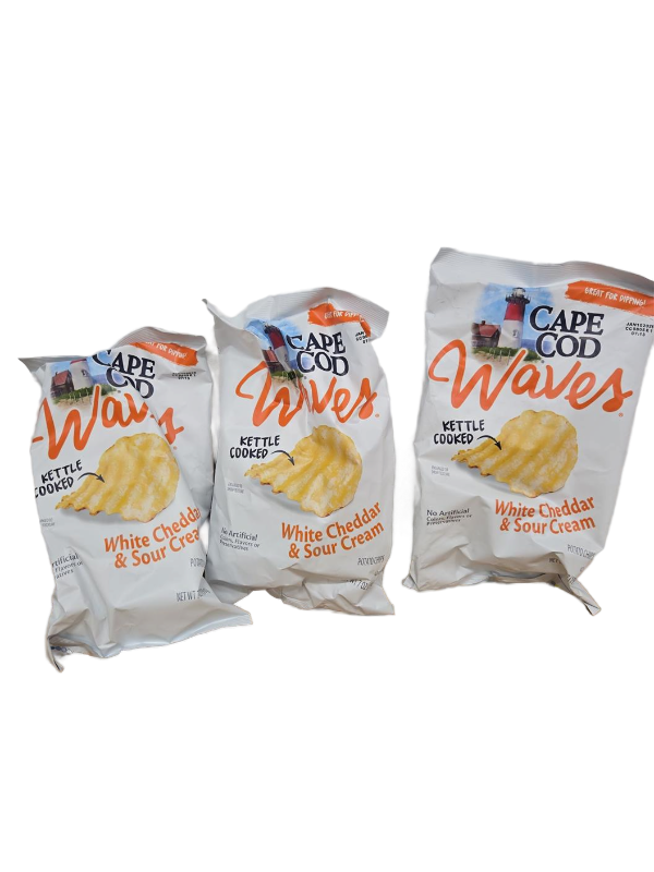 lot 7695 image: Cape Cod Waves Potato Chips, Wavy Cut White Cheddar & Sour Cream Kettle Chips, 7 Oz (Pack of 3) (BEST BY JANUARY 10, 2026)