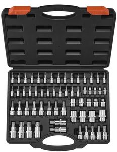 lot 13766 image: VEVOR Torx Bit Socket and External Torx Socket Set, 60-Piece T6-T70, TT6-TT70, TP8-TP60, E4-E24, S2 Alloy Steel and Cr-V Steel, 14 in, 38 in, and 12 in Drives, with Enhanced Storage Case, Hand Use