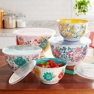 lot 13785 image: The Pioneer Woman 10-Piece Melamine Mixing Bowl Set Fancy Flourish (1 LID DAMAGED)