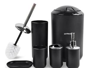 lot 13795 image: CERBIOR Bathroom Accessories Set Bath Ensemble Includes Soap Dispenser, Toothbrush Holder, Toothbrush Cup, Soap Dish for Decorative Countertop and Housewarming Gift (Shiny black) -MISSING PIECES AND HAS DAMAGE