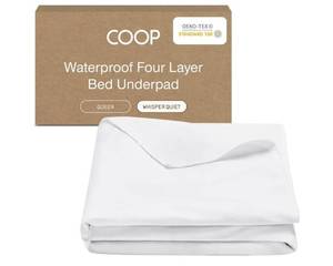 lot 13798 image: Coop Home Goods Waterproof Four Layer Bed Underpad for Incontinence, Queen, Washable Mattress Pad, Reusable Waterproof Mattress Cover, Bed Pads for Adults, Seniors, Children, Pets, Queen (60x39.5) Fits FullQueen