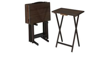 lot 30373 image: Mainstays 4-Piece Walnut Rubberwood Indoor Folding TV Tray Table Set with Storage Rack - Retail $53