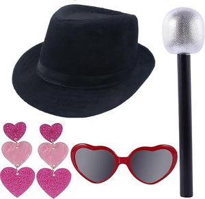 lot 32188 image: 4 Pcs Halloween Singer Costume Black Bowler Hat Heart Sunglasses Fake Microphone and Cute Earrings