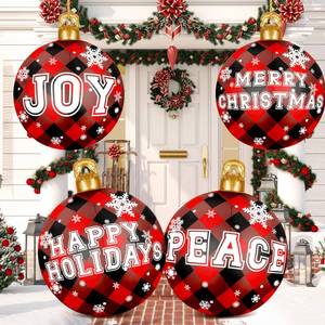 lot 32275 image: 4 Giant Inflatable Christmas Balls - 25 Inch Red & Black Buffalo Plaid PVC Inflatable Ornaments for Outdoor Xmas Yard Decor