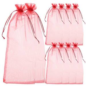 lot 32293 image: 10pcs Sheer Wine Bag, Mesh Organza Wine Bottle Cover Dresses Wrap Christmas Bags with Drawstring (Dark Red)