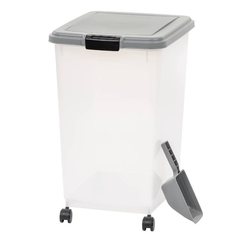 lot 4349 image: Amazon Basics Airtight Pet Food Storage Container with Scoop, BPA Free, Removable Wheels, 69 QT, Gray (Damaged)