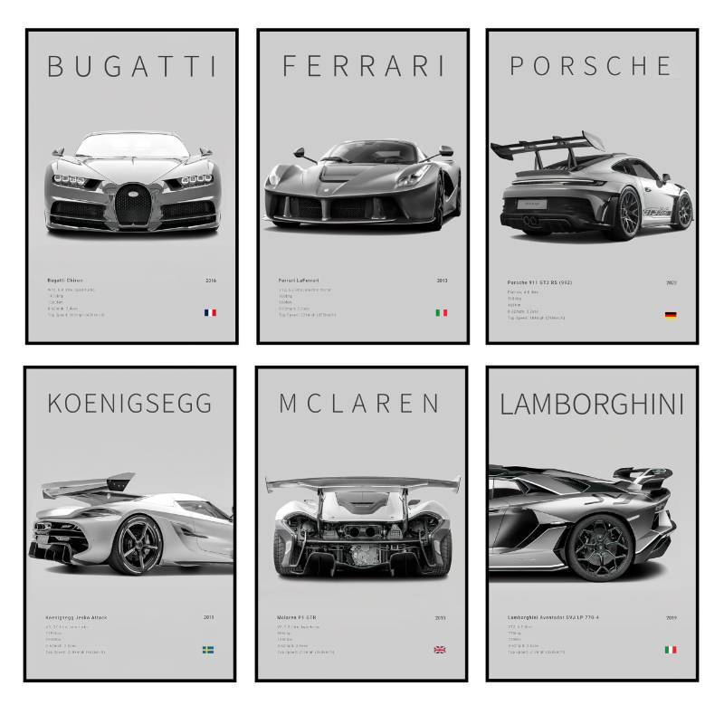 lot 7742 image: Set of 6 Car Posters, 8x12 Unframed, Minimalist Car 911 Wall Art
