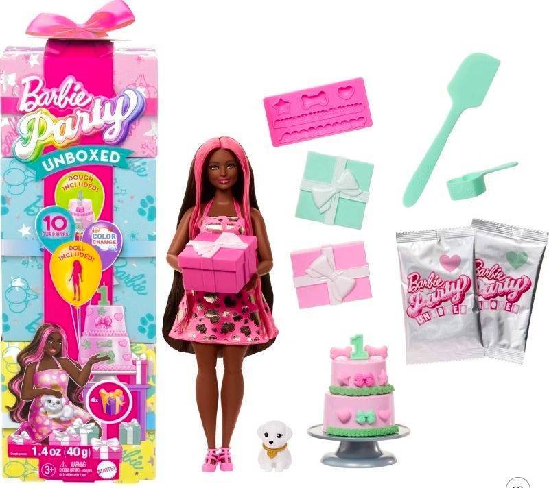 lot 1551 image: Barbie Party Unboxed Pet Birthday Series Doll and Accessories Shimmering Hearts Set with 10 Surprises