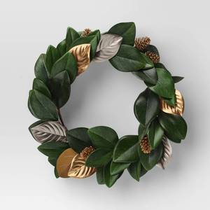lot 13830 image: 20 Magnolia Leaf with Pinecones Artificial Christmas Wreath GreenGold - Wondershop
