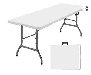lot 30474 image: 6 ft Folding Table, Foldable Dining Table, White Plastic Table, Lightweight Portable Table, Industrial Workbench for Indoor Outdoor, Picnic, Camping, Board Game with Handle, Locks - White