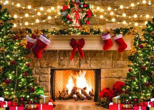 lot 32395 image: 2 Count of Christmas Backdrop Fireplace Photo Background with Christmas Tree (82x59in)
