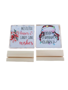 lot 32440 image: Christmas Holiday Tile Signs with Wooden Stands