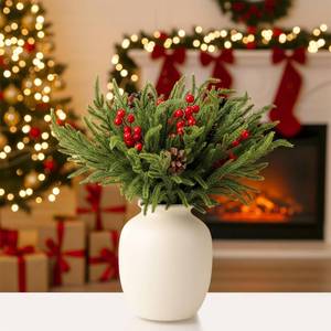 lot 32458 image: 20 Pcs Christmas Artificial Pine Branches with Red Stems Berry 17.8 Inches