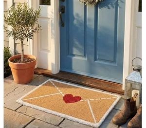 lot 30524 image: Pack of 2 ,Valentines Day Red Heart-Shaped Envelope Outdoor Faux Coconut Fiber Doormat, Heart-Shaped Envelope Doormat, Valentines Day Door Mat (See Pics)