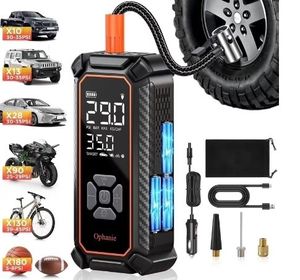 lot 30544 image: Ophanie Tire Inflator Portable Air Compressor, 9000mAh, 150PSI, Auto Air Pump for Car Tires, Motorcycle, Bicycle, Electric Pump with LED Light Digital Pressure Gauge & Auto Shut-Off