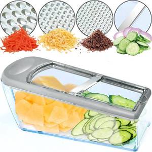 lot 32507 image: Mandoline Slicer, 4 Sharp Stainless Steel Blades with Food Storage Container Kitchen Tools for Cheese, Chocolate, Vegetables& Fruits - Dishwasher Safe (grey)