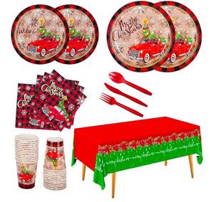 lot 32588 image: Christmas Party Supplies Disposable Paper Plates Napkins Cups Knives Spoons Forks Tablecloth for Merry Christmas Party Decorations Serve 25