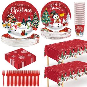 lot 32591 image: 30 Sets Christmas Paper Plates and Napkins Sets, Red White Snowman Christmas Party Plates Sets, Disposable 9 and 7 Xmas Dinnerware, Xmas Party Supplies