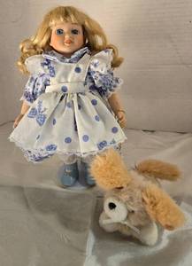 lot 136 image: Decorative 12 Porcelain Doll with Plush Puppy