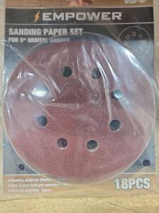lot 148 image: Empower brand sanding paper set designed for 5-inch orbital sanders.  18 pc set includes 6 pcs x 80 grit, 6 pcs x 120 grit and 6 pcs x 220 grit