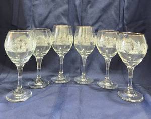 lot 173 image: Winter Scene Etched Glasses with Gold Rim - Mixed Set of 6