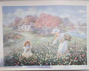 lot 207 image: Trademark Fine Art Country Hues Canvas Art by Lee Dubin, which captures a tranquil scene of a mother and daughter gathering flowers.  392650.  Has some moisture damage but frame will conceal it.
