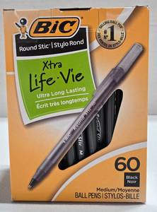 lot 233 image: BIC Round Stic Xtra Life Ballpoint Pen  Medium Point 1.0 mm  Black Ink - 60 Pack