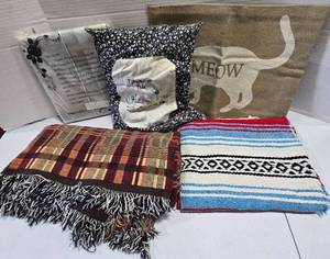 lot 248 image: Premium Hand Woven Red Southwestern Pueblo Design Fringed Throw with Rugs and Decorative Pillows